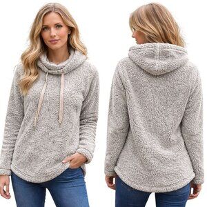 Maurices Womens Sherpa Hoodie Sweater Medium Gray Soft Warm Drawstring Pullover